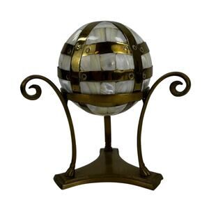 Mother of Pearl and Brass Sphere on Brass Stand 6.25" x 7" Globe Sphere 4" Wide